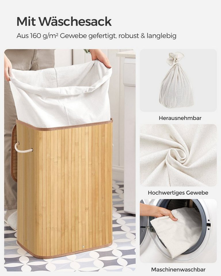 SONGMICS Wäschekorb mit Deckel, Wäschesammler aus Bambus, faltbar, für Waschküche, 72 Liter, Wäschesack herausnehmbar und maschinenwaschbar, 40x30x61 cm – Bild 4 von 5