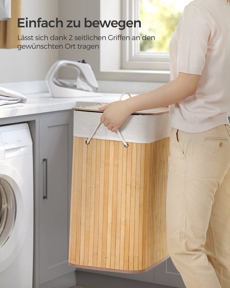 SONGMICS Wäschekorb mit Deckel, Wäschesammler aus Bambus, faltbar, für Waschküche, 72 Liter, Wäschesack herausnehmbar und maschinenwaschbar, 40x30x61 cm – Bild 5 von 5