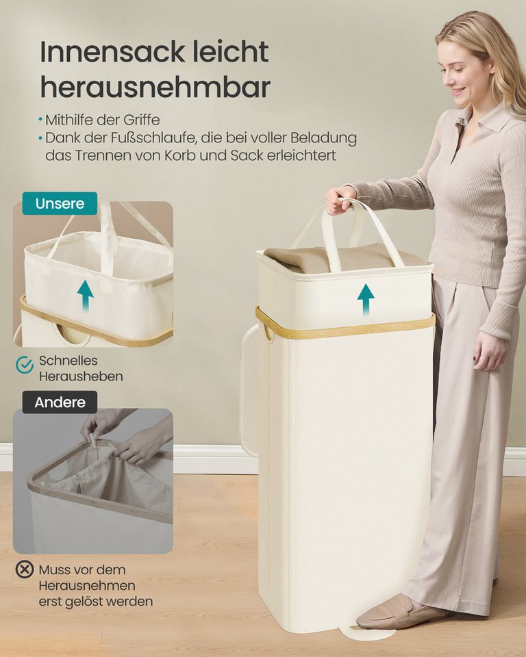 SONGMICS Wäschekorb mit Deckel, Wäschesammler, Wäschetonne, für Waschküche, Schlafzimmer, Wäschesack herausnehmbar, Bambusrahmen, 100 Liter – Bild 3 von 5