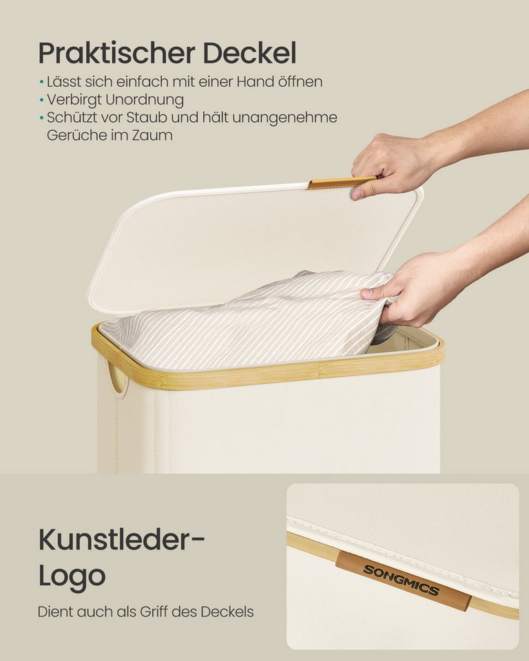 SONGMICS Wäschekorb mit Deckel, Wäschesammler, Wäschetonne, für Waschküche, Schlafzimmer, Wäschesack herausnehmbar, Bambusrahmen, 100 Liter – Bild 4 von 5