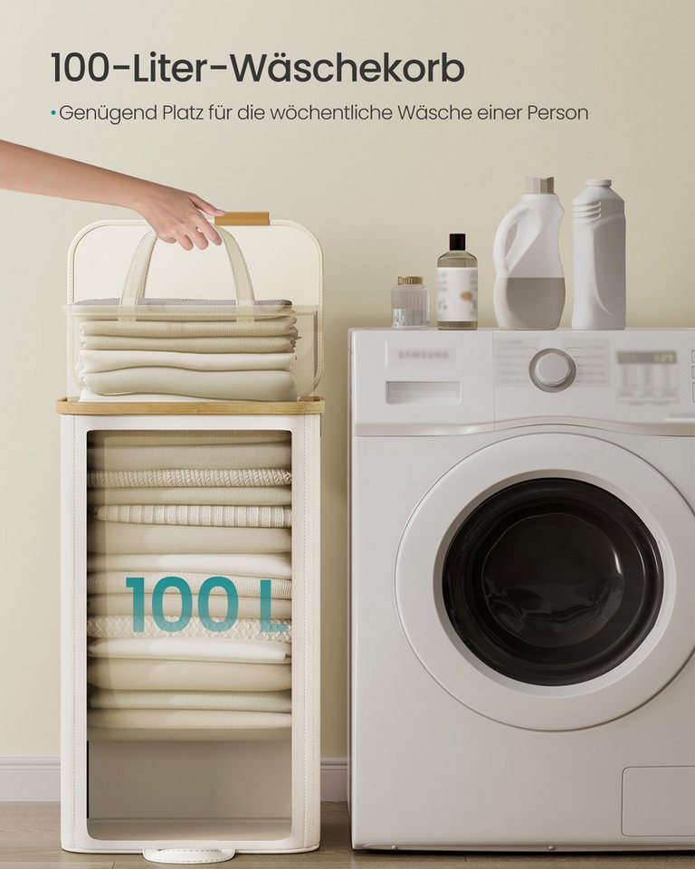 SONGMICS Wäschekorb mit Deckel, Wäschesammler, Wäschetonne, für Waschküche, Schlafzimmer, Wäschesack herausnehmbar, Bambusrahmen, 100 Liter – Bild 5 von 5