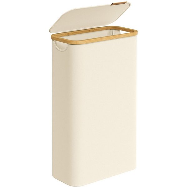 SONGMICS Wäschekorb mit Deckel, herausnehmbarer Einsatz, Bambus‑Rahmen, Oxford‑Gewebe, 65 L, 42 x 22,5 x 70,5 cm, mit Deckel, platzsparend, Griffe aus Bambus