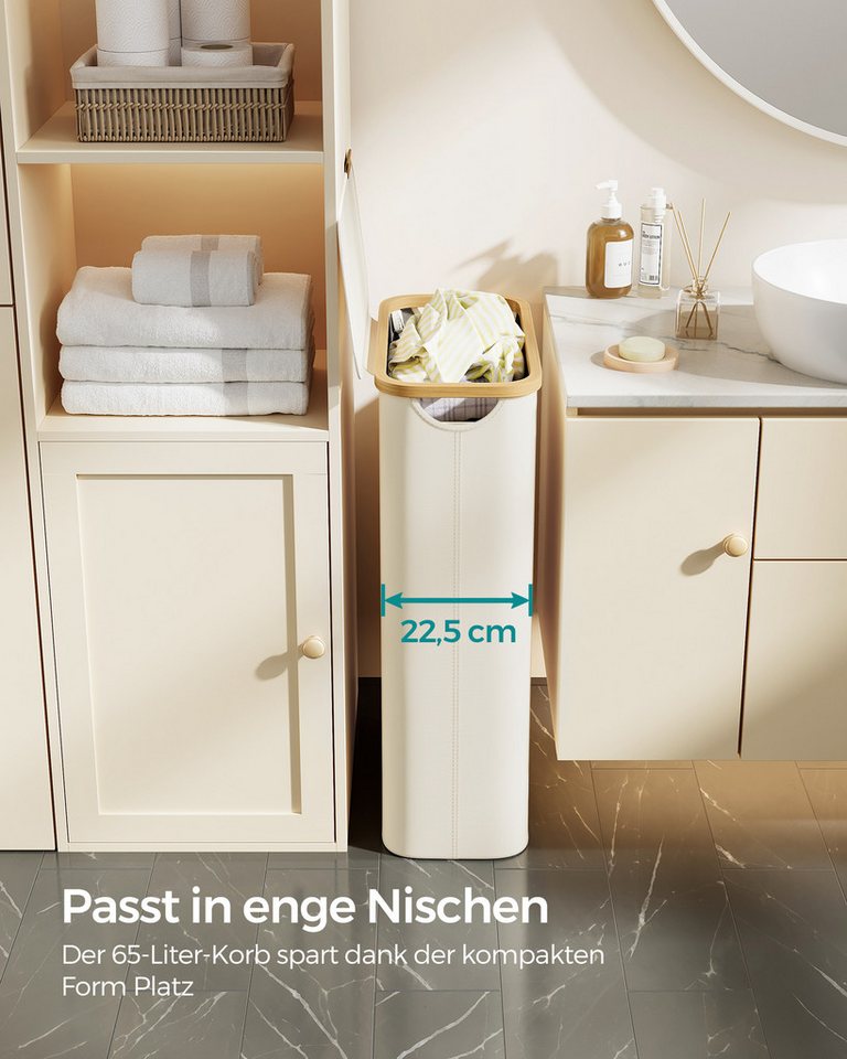 SONGMICS Wäschekorb mit Deckel, herausnehmbarer Einsatz, Bambus‑Rahmen, Oxford‑Gewebe, 65 L, 42 x 22,5 x 70,5 cm, mit Deckel, platzsparend, Griffe aus Bambus – Bild 3 von 5