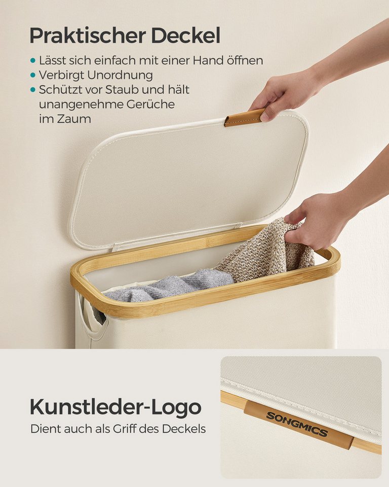 SONGMICS Wäschekorb mit Deckel, herausnehmbarer Einsatz, Bambus‑Rahmen, Oxford‑Gewebe, 65 L, 42 x 22,5 x 70,5 cm, mit Deckel, platzsparend, Griffe aus Bambus – Bild 4 von 5