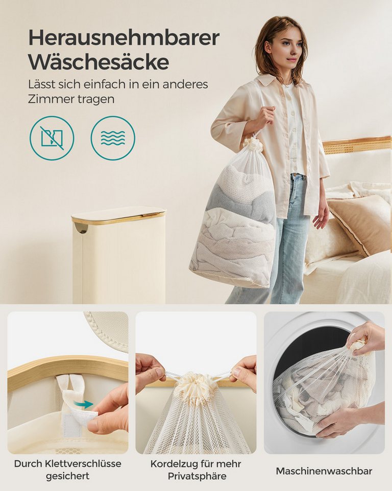 SONGMICS Wäschekorb mit Deckel, herausnehmbarer Einsatz, Bambus‑Rahmen, Oxford‑Gewebe, 65 L, 42 x 22,5 x 70,5 cm, mit Deckel, platzsparend, Griffe aus Bambus – Bild 5 von 5
