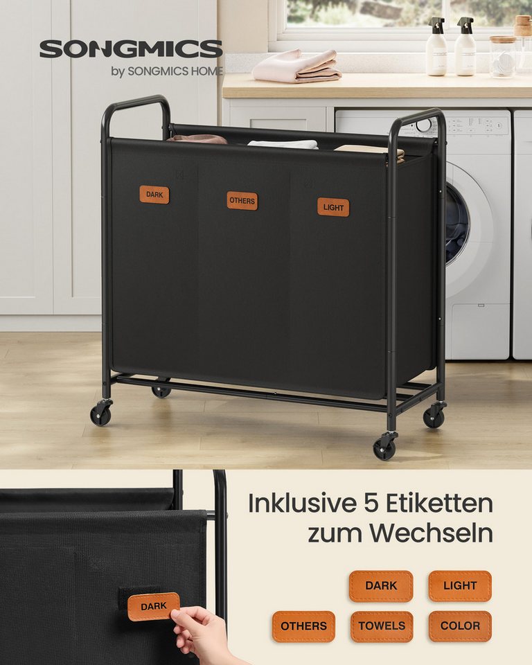 SONGMICS Wäschekorb Wäschekorb mit Rollen, Wäschesammler 3 / 4 Fächer, 170 L Wäschesortierer, 69 x 40 x 91cm – Bild 2 von 5