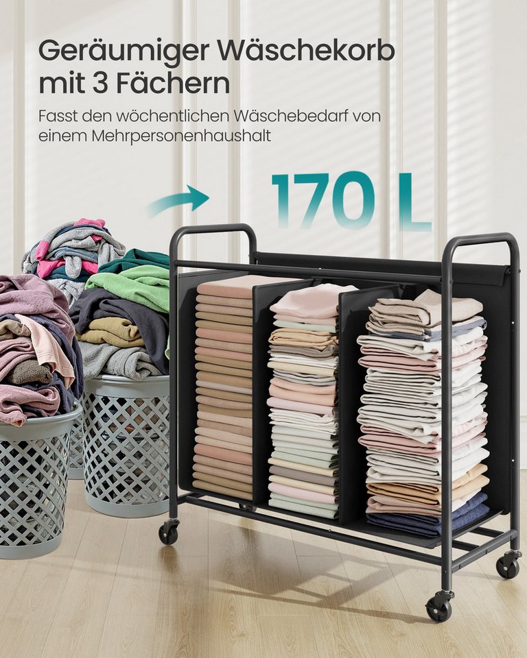 SONGMICS Wäschekorb Wäschekorb mit Rollen, Wäschesammler 3 / 4 Fächer, 170 L Wäschesortierer, 69 x 40 x 91cm – Bild 3 von 5