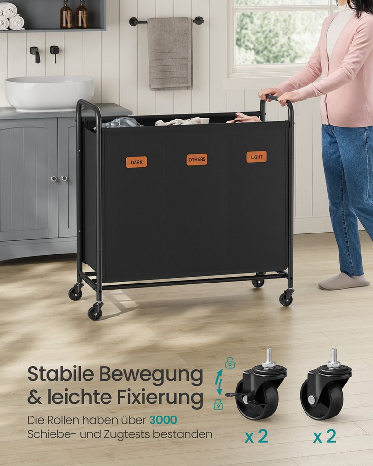 SONGMICS Wäschekorb Wäschekorb mit Rollen, Wäschesammler 3 / 4 Fächer, 170 L Wäschesortierer, 69 x 40 x 91cm – Bild 4 von 5