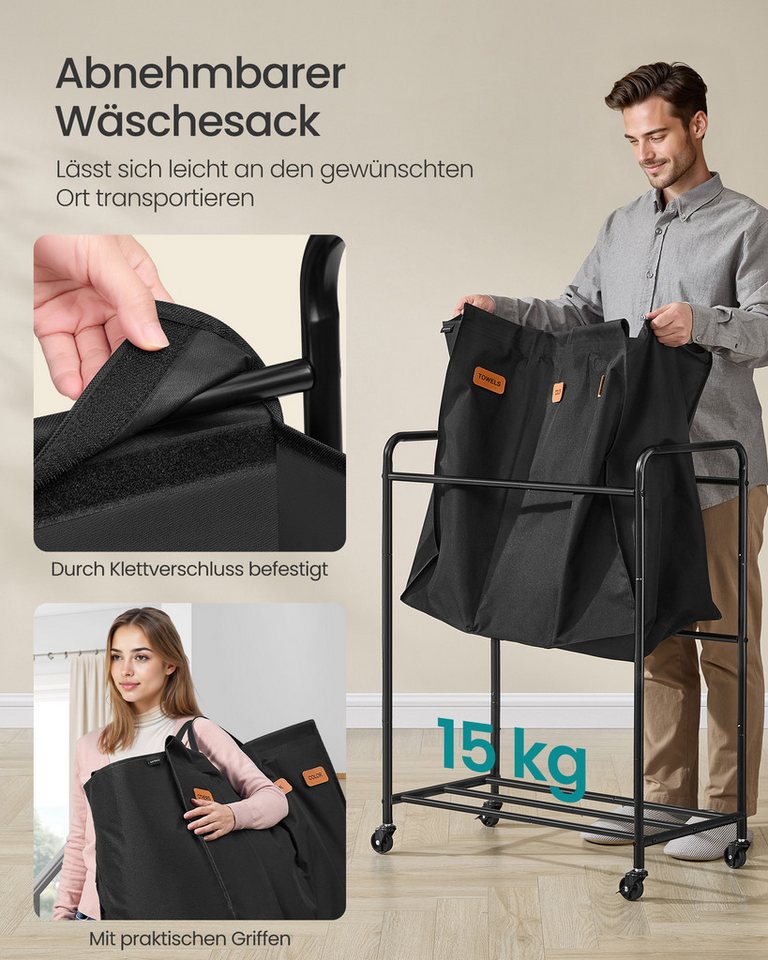 SONGMICS Wäschekorb Wäschekorb mit Rollen, Wäschesammler 3 / 4 Fächer, 170 L Wäschesortierer, 69 x 40 x 91cm – Bild 5 von 5