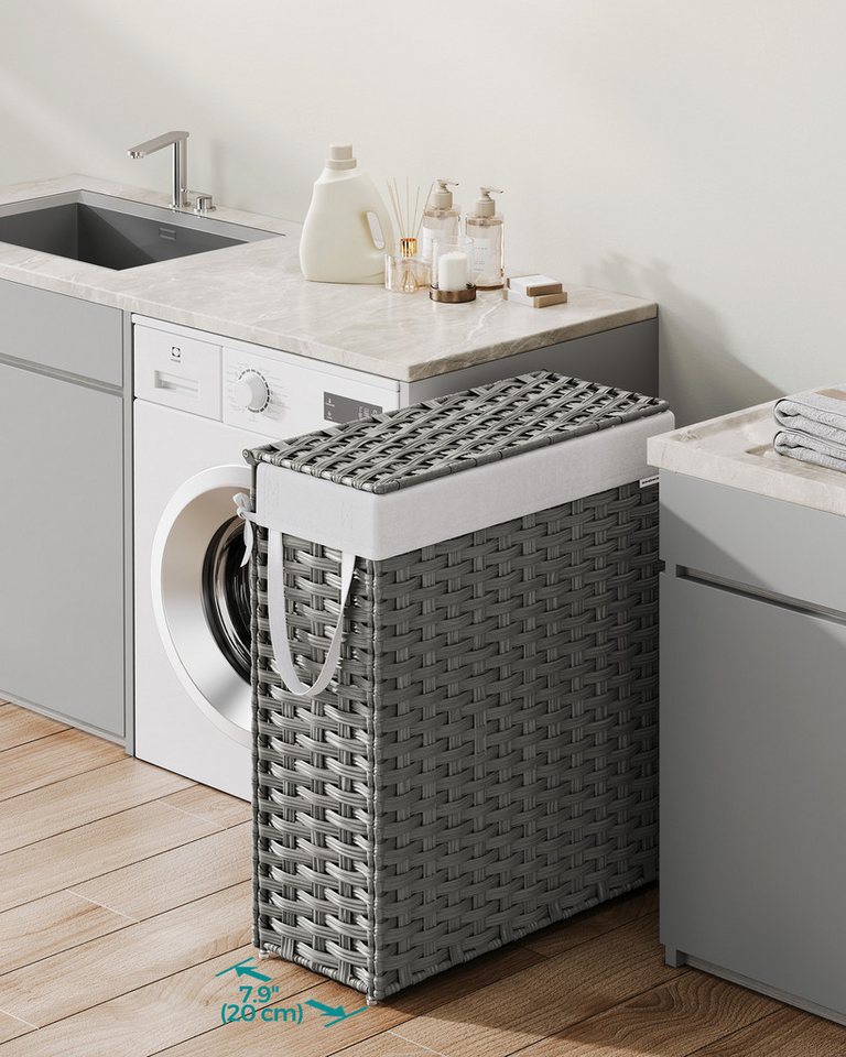 SONGMICS Wäschekorb schmal, Wäschesammler 55 L, Wäschebox, faltbar, 46 x 20 x 61 cm (aus synthetischem Rattan, geflochten), mit Deckel und Griffen, herausnehmba – Bild 2 von 5