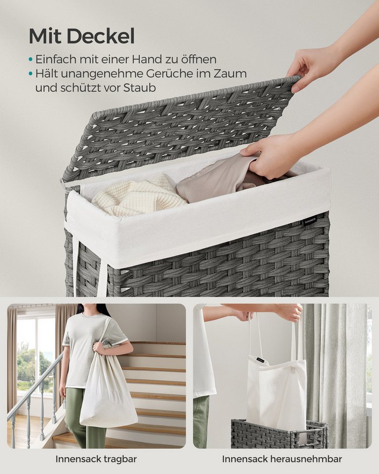 SONGMICS Wäschekorb schmal, Wäschesammler 55 L, Wäschebox, faltbar, 46 x 20 x 61 cm (aus synthetischem Rattan, geflochten), mit Deckel und Griffen, herausnehmba – Bild 3 von 5