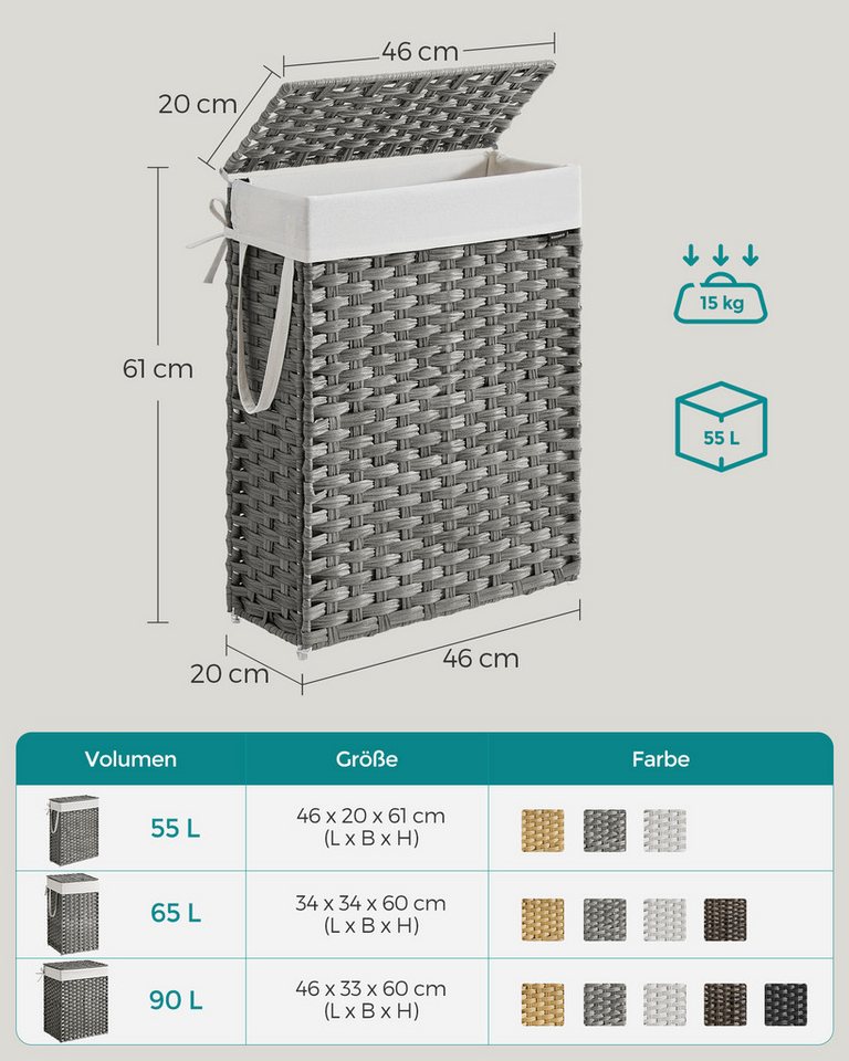 SONGMICS Wäschekorb schmal, Wäschesammler 55 L, Wäschebox, faltbar, 46 x 20 x 61 cm (aus synthetischem Rattan, geflochten), mit Deckel und Griffen, herausnehmba – Bild 5 von 5