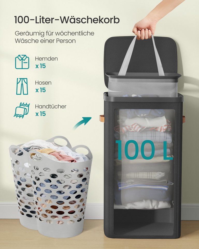SONGMICS Wäschekorb Wäschetonne, mit Deckel und Griffen, herausnehmbarer Wäschesack, 100 L Wäschesammler, leichter Aufbau, 42 x 32 x 75 cm – Bild 4 von 5