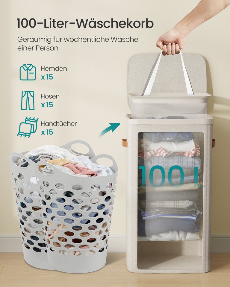 SONGMICS Wäschekorb Wäschetonne, mit Deckel und Griffen, herausnehmbarer Wäschesack, 100 L Wäschesammler, leichter Aufbau, 42 x 32 x 75 cm – Bild 4 von 5