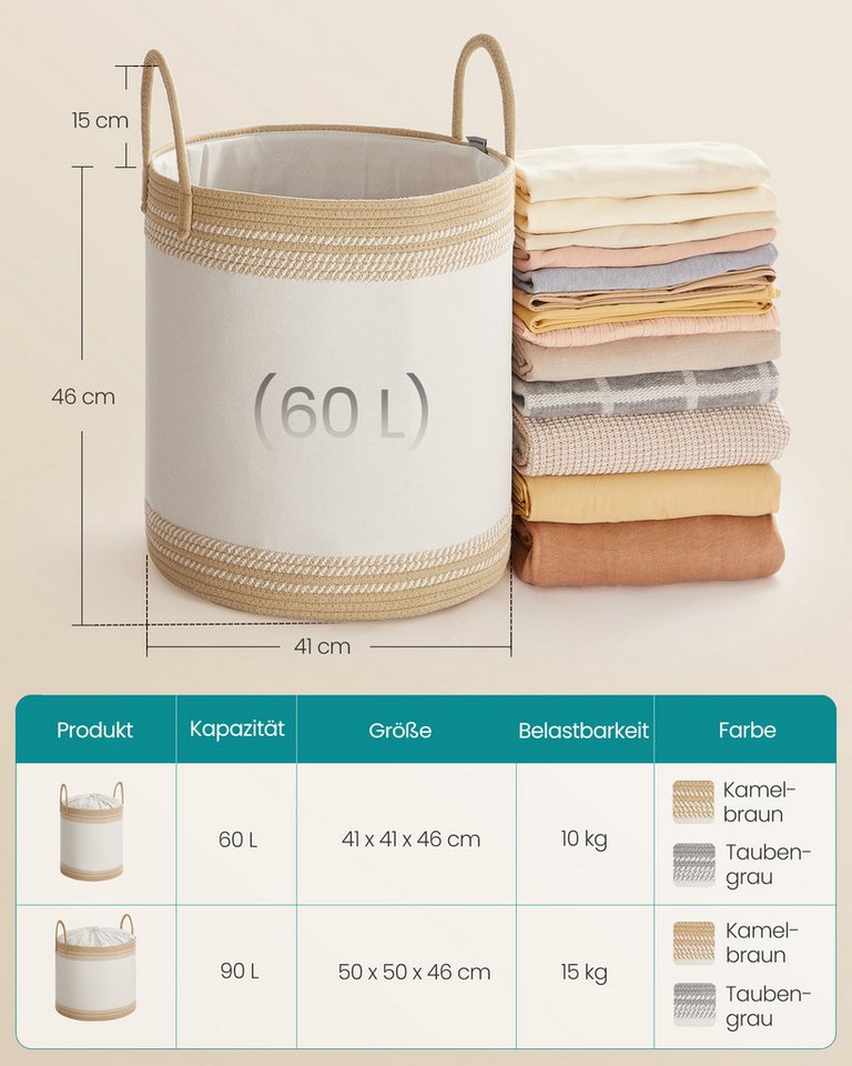SONGMICS Wäschekorb,Wäschesammler für Kinder, Aufbewahrungskorb, für Decken, Kinderzimmer, mit Henkel, Kuscheltier Aufbewahrung, Schlafzimmer, 60 L – Bild 5 von 5