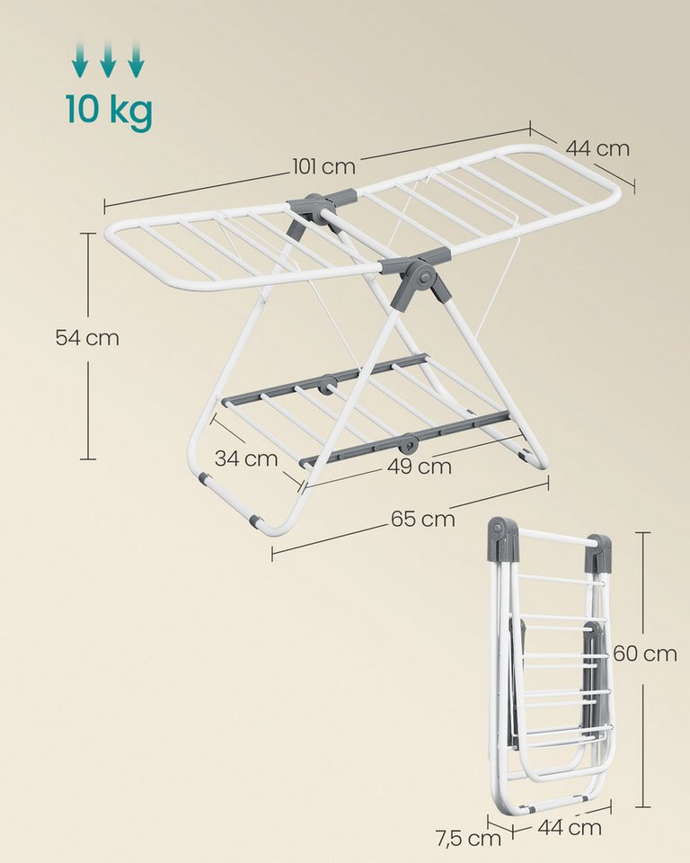 SONGMICS Wäscheständer Standtrockner, klein, faltbare, mit 2 Flügeln, platzsparend, Metall, 44 x 101 x 54 cm – Bild 3 von 5
