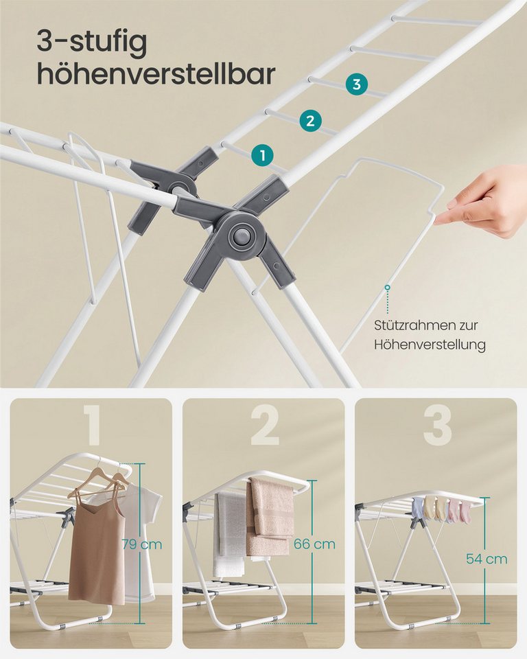 SONGMICS Wäscheständer Standtrockner, klein, faltbare, mit 2 Flügeln, platzsparend, Metall, 44 x 101 x 54 cm – Bild 4 von 5
