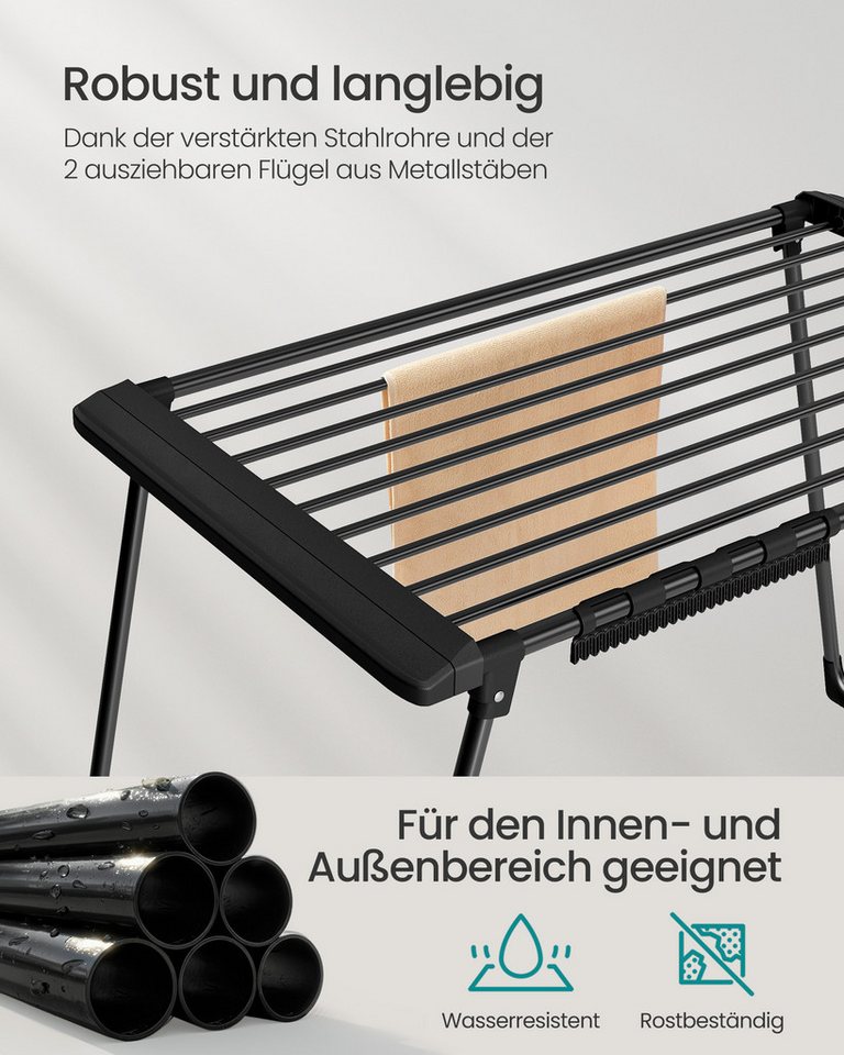 SONGMICS Wäscheständer Standtrockner, mit Sockenhalter, Metall, für Kleidung, Handtücher, ausziehbare Flügel, 22 m Trockenfläche, klappbar, tintenschwarz – Bild 4 von 5