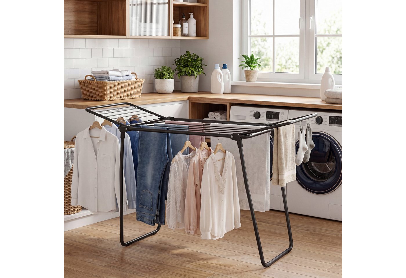 SONGMICS Wäscheständer Standtrockner, mit Sockenhalter, Metall, für Kleidung, Handtücher, 47 x 150 x 91 cm, platzsparend, Flügelwäscheständer – Bild 3 von 5