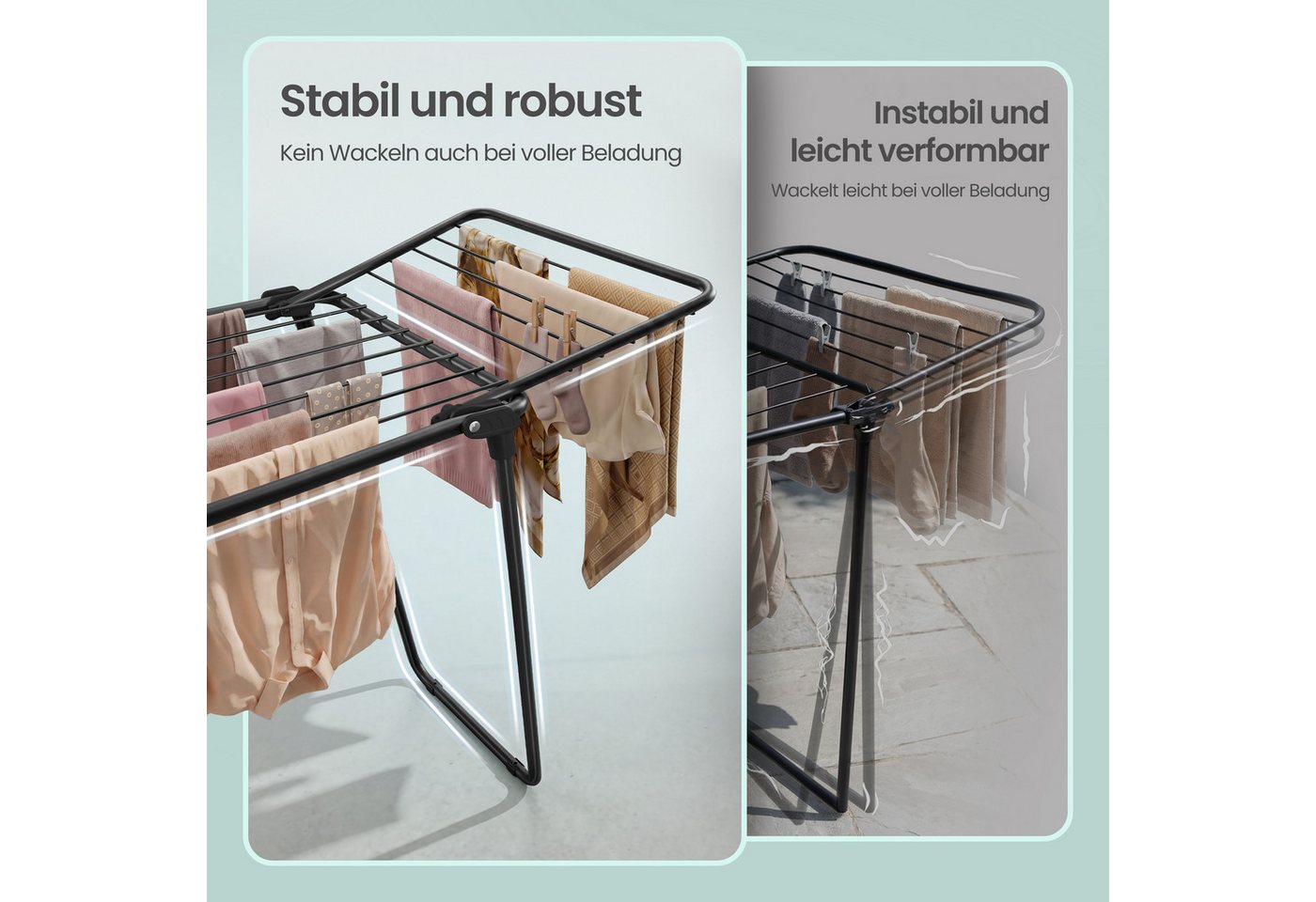 SONGMICS Wäscheständer Standtrockner, mit Sockenhalter, Metall, für Kleidung, Handtücher, 47 x 150 x 91 cm, platzsparend, Flügelwäscheständer – Bild 4 von 5