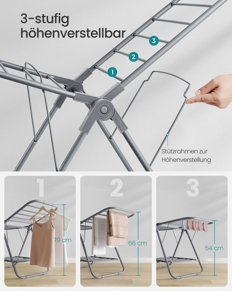 SONGMICS Wäscheständer Standtrockner, klein, faltbare, mit 2 Flügeln, platzsparend, Metall, 44 x 101 x 54 cm – Bild 4 von 5