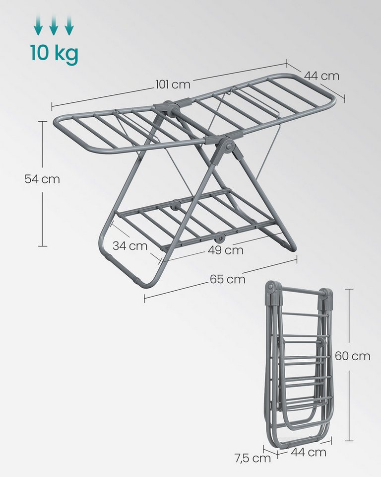 SONGMICS Wäscheständer Standtrockner, klein, faltbare, mit 2 Flügeln, platzsparend, Metall, 44 x 101 x 54 cm – Bild 5 von 5