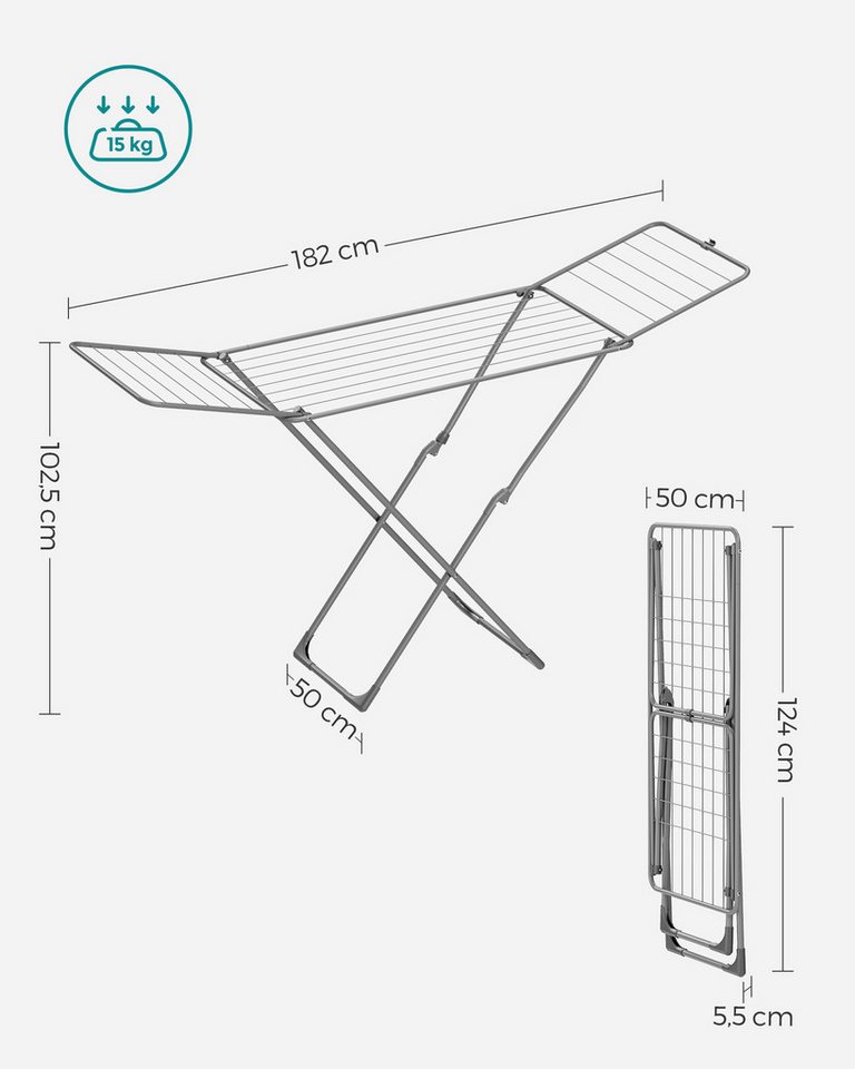SONGMICS Wäscheständer Standtrockner klappbar, Flügelwäscheständer, freistehend, für Innen- und Außenbereich, für Bettwäsche und Kleidung – Bild 3 von 5