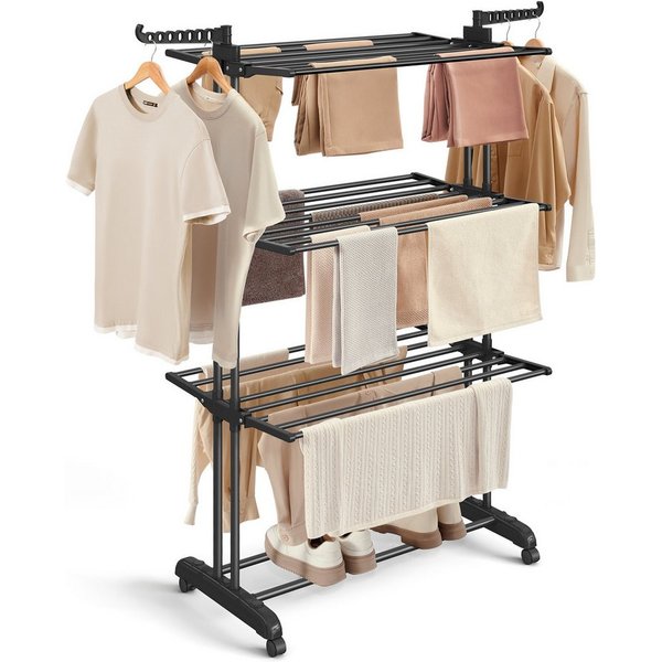 SONGMICS Wäscheständer Turm Standtrockner 4 Ebenen, Flügelwäscheständer, einfacher Aufbau, klappbare Flügel, mit Rollen, 63,5 x 128 x 173 cm