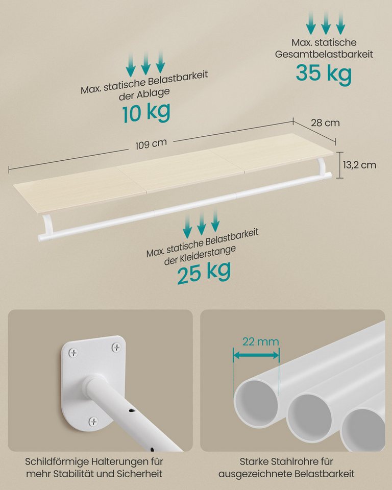 SONGMICS Wandgarderobe, Garderobe, Wandregal mit Kleiderstange, Schlafzimmer – Bild 5 von 5