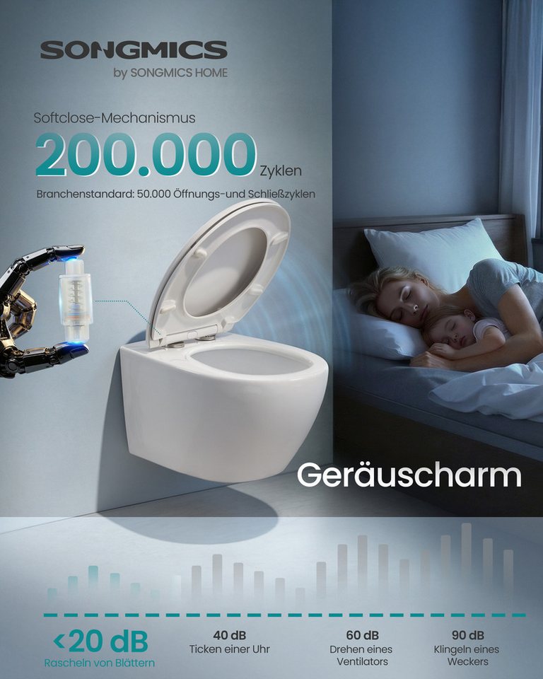 SONGMICS WC-Sitz mit Absenkautomatik, Toilettensitz schnell abnehmbar, O-Form, Klodeckel einfache Montage, bis 300 kg belastbar – Bild 4 von 5