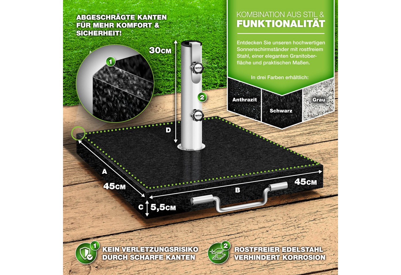 tillvex Sonnenschirm tillvex Granit Sonnenschirmständer, Balkonschirmständer für Schirmstöcke 16-48 mm & 300cm Schirmdurchmesser, Sonnenschirm, Granit Sonnensch – Bild 2 von 5