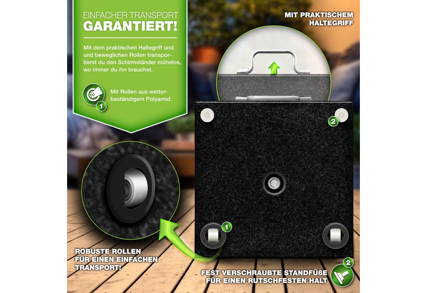 tillvex Sonnenschirm tillvex Granit Sonnenschirmständer, Balkonschirmständer für Schirmstöcke 16-48 mm & 300cm Schirmdurchmesser, Sonnenschirm, Granit Sonnensch – Bild 4 von 5
