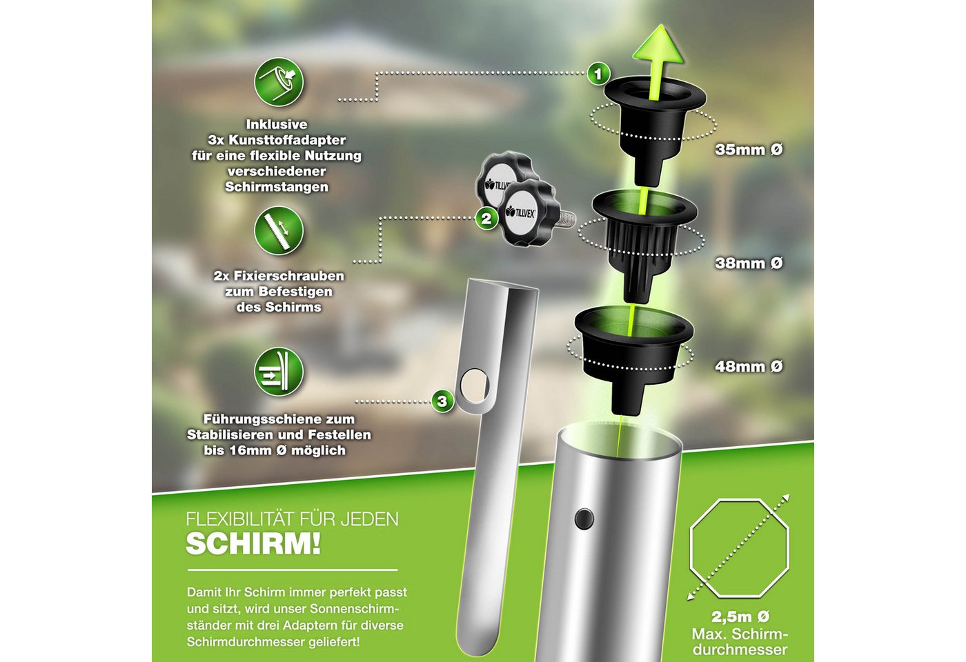 tillvex Sonnenschirm tillvex Granit Sonnenschirmständer, Balkonschirmständer für Schirmstöcke 16-48 mm & 300cm Schirmdurchmesser, Sonnenschirm, Granit Sonnensch – Bild 5 von 5