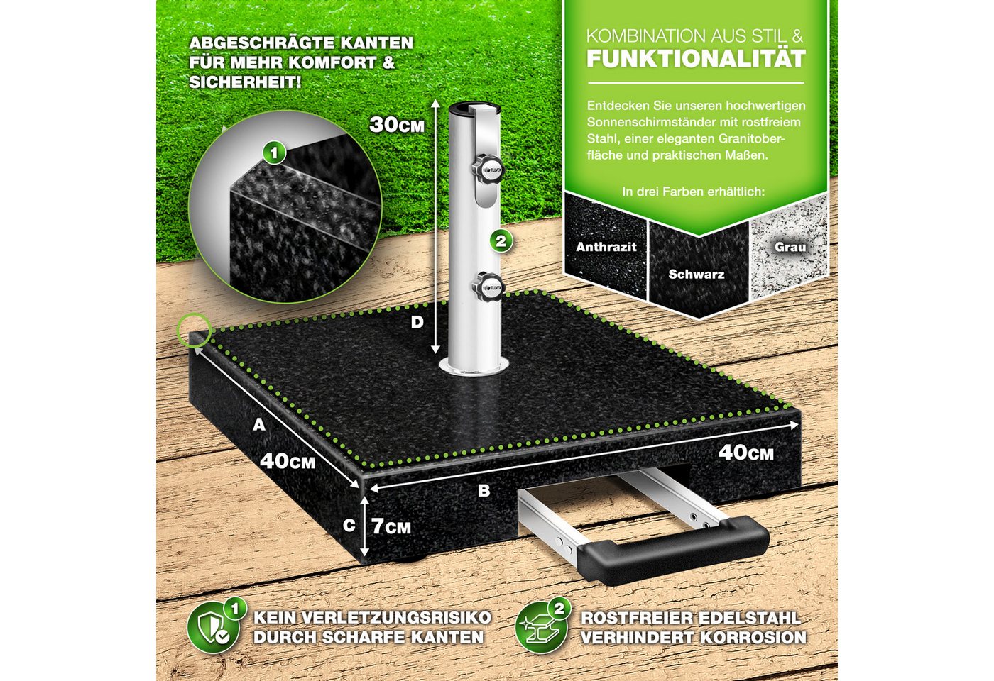 tillvex Sonnenschirm tillvex Granit Sonnenschirmständer, Balkonschirmständer für Schirmstöcke 16-48 mm & 300cm Schirmdurchmesser, Sonnenschirm, Granit Sonnensch – Bild 2 von 5