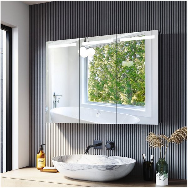 SONNI Badezimmerspiegelschrank Edelstahl Spiegelschrank 3-türig mit LED Beleuchtung Bad 90x65x13cm mit Steckdose und Touchschalter Kalt/Warm/Neutral Licht, dimm