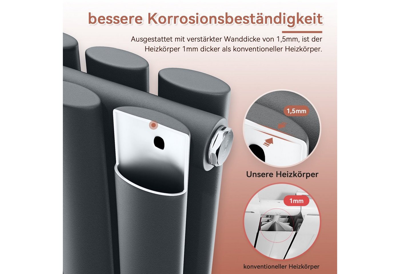 SONNI Badheizkörper Röhrenheizkörper Warmwasser,Horizontal,Doppellagig,mit Multiblock,bad, 600 x 770/ 600x1006/ 600 x 1183 mm,Design Heizkörper, Weiß/Anthrazit – Bild 3 von 5