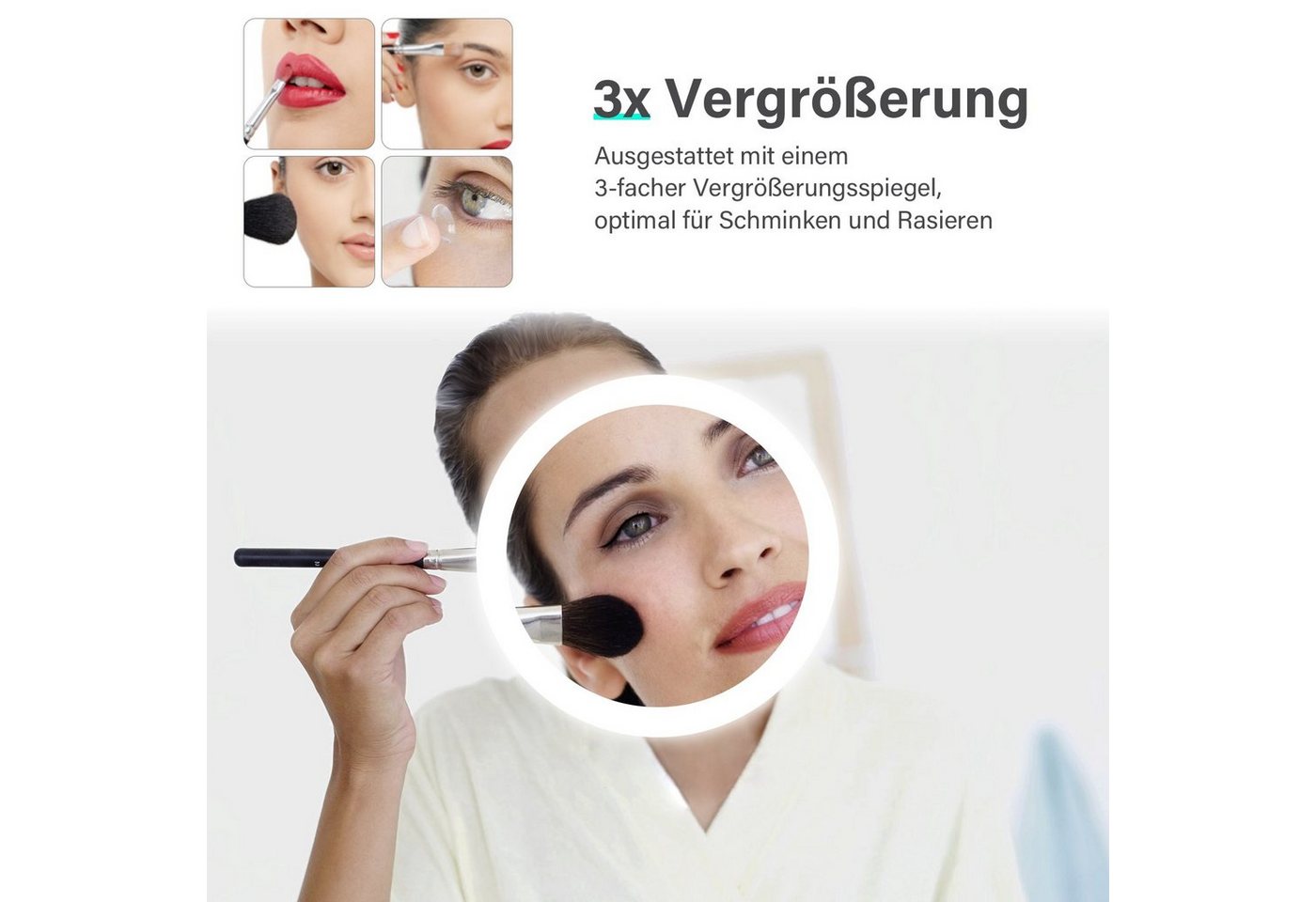SONNI Badspiegel Badspiegel Kalt/Neutral/Warmweiß, 3-facher Vergrößerung, Temperatur, Beschlagfrei, Helligkeit einstellbar, Badezimmer, IP44 – Bild 2 von 5