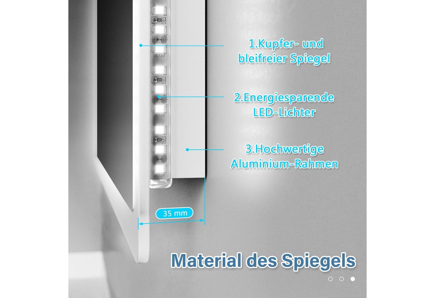 SONNI Badspiegel Badspiegel mit LED-Beleuchtung, Lichtspiegel IP44 LED Spiegel, 60-120cm Wandspiegel mit Touch-Schalter – Bild 4 von 5