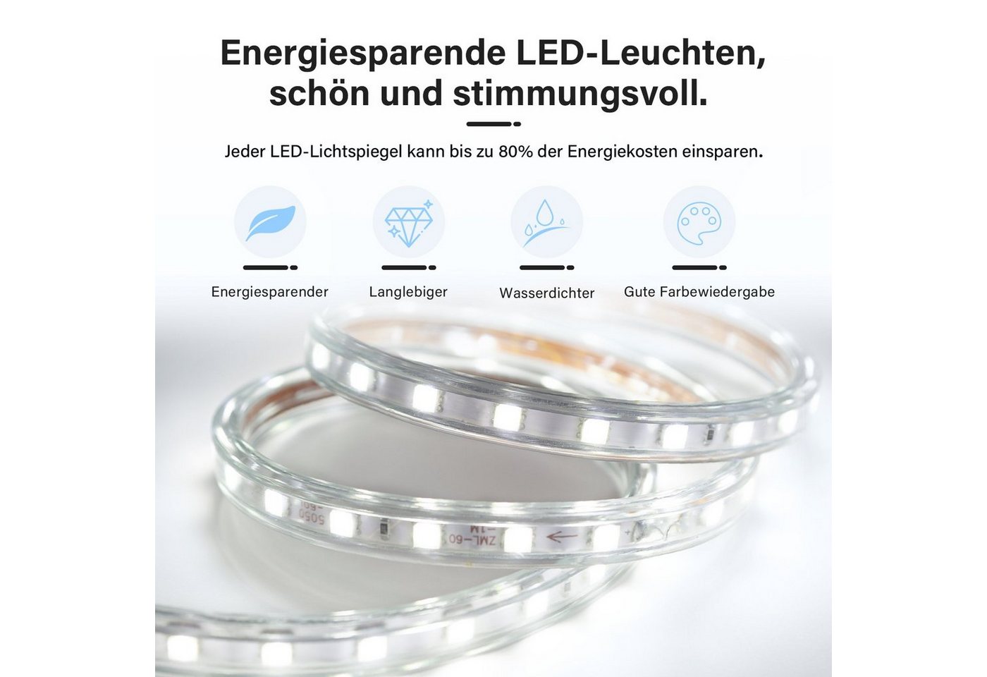 SONNI Badspiegel Badspiegel mit LED-Beleuchtung, Lichtspiegel IP44 LED Spiegel, 60-120cm Wandspiegel mit Touch-Schalter – Bild 5 von 5