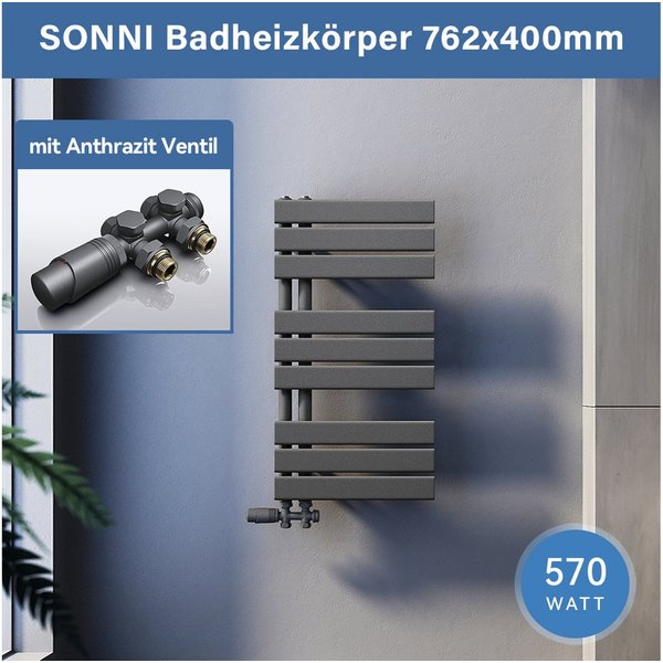 SONNI Designheizkörper Design Badheizkörper Anthrazit Handtuchtrockner Flach, Paneelheizkörper Design Mittelanschluss seitlich