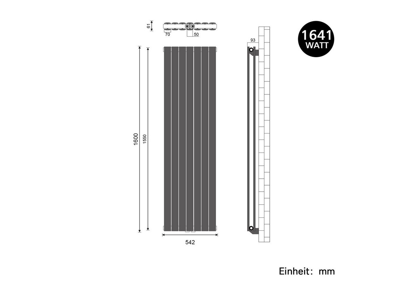 SONNI Designheizkörper Design Heizkörper Flach Anthrazit Doppellagig 1600x542mm Vertikal, Paneelheizkörper, Heizungsbereich 19~27m², Mittelanschuss – Bild 2 von 5