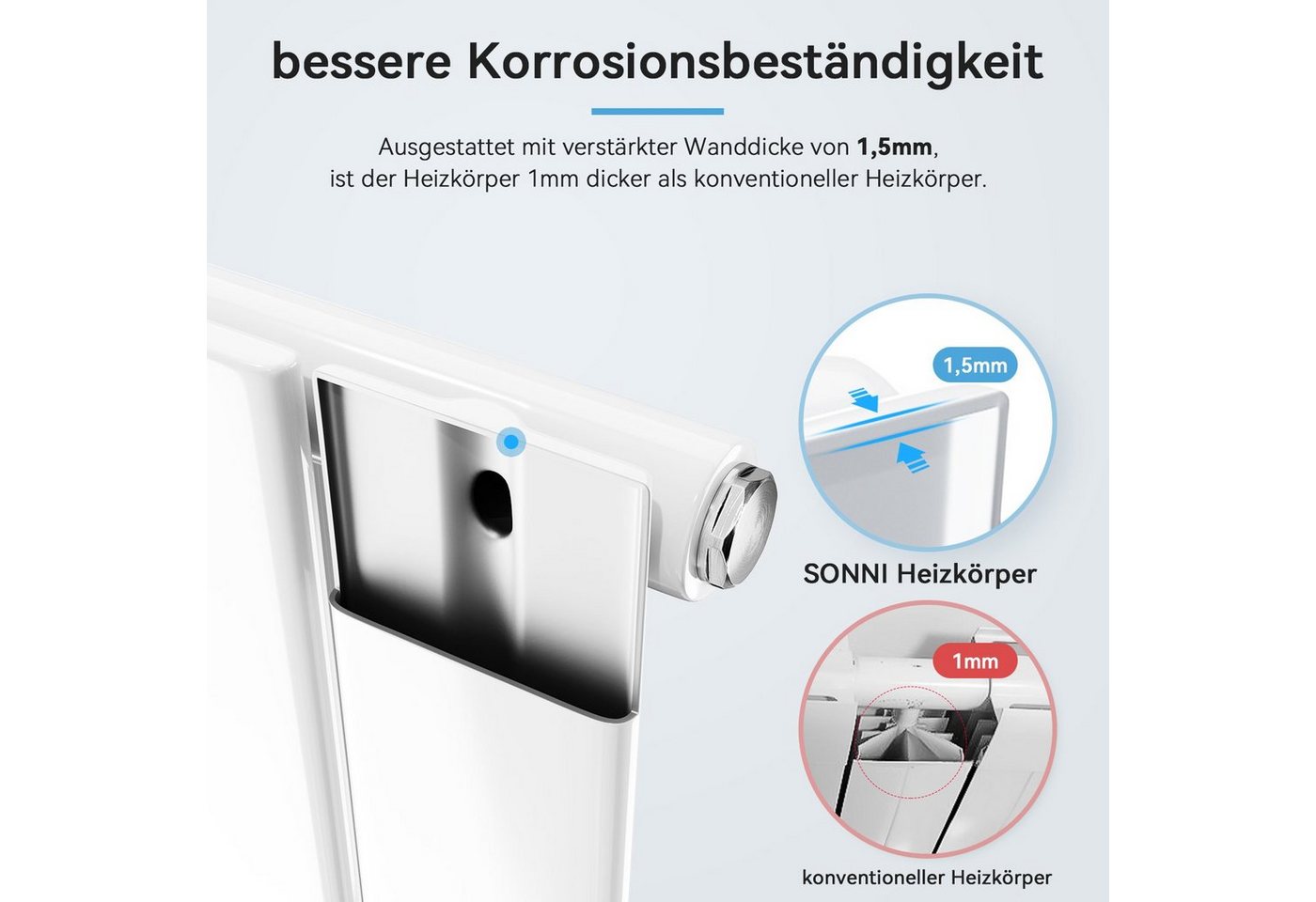 SONNI Designheizkörper Design Heizkörper Flach Weiß Einlagig 1600x465mm Vertikal, Paneelheizkörper, Heizungsbereich 11~16m², Mittelanschuss – Bild 4 von 5