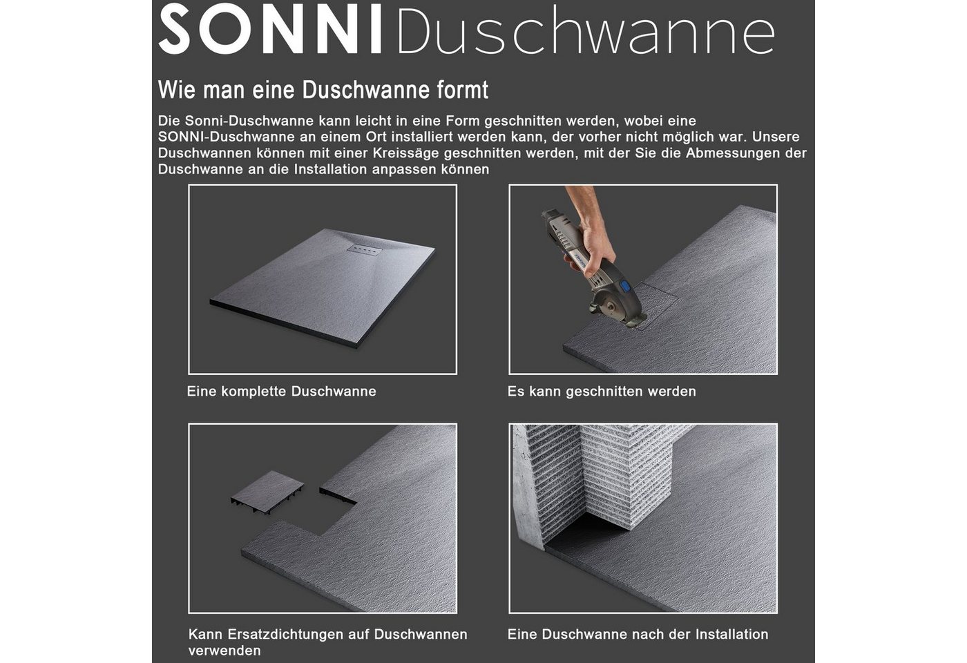 SONNI Duschwanne Schieferoptik mit Siphon,Weiß/Schwarz/Grau, SMC,Duschtasse,100-160cm, Antirutsch,Rechteckig,Flach,ABlaufgarnitu,Duschtasse,Inklusive Siphon. – Bild 4 von 5