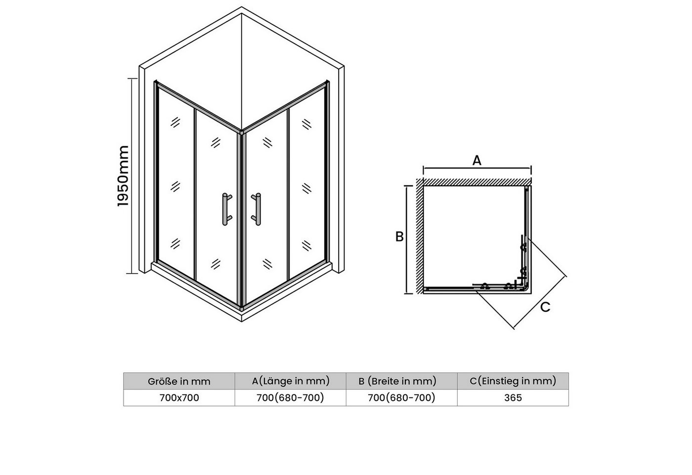 SONNI Eckdusche Duschkabine Eckeinstieg Schiebetüren ESG Glas Höhe 195cm, BxT: 70x70 cm, Einscheibensicherheitsglas, links und recht montierbar, Höhe 195cm – Bild 4 von 5