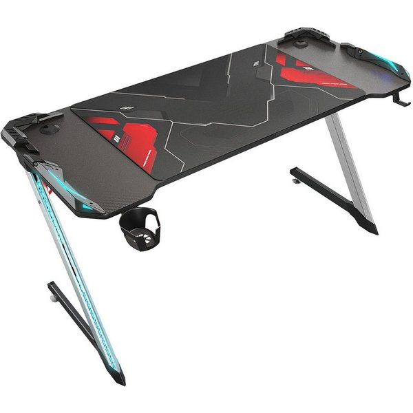 SONNI Gamingtisch Groß, Gaming Schreibtisch mit LED, mit Mauspad,140x60x75cm Schwarz, mit Mauspad,Getränkehalter und Kopfhörerhalter,breite 140cm, Schwarz
