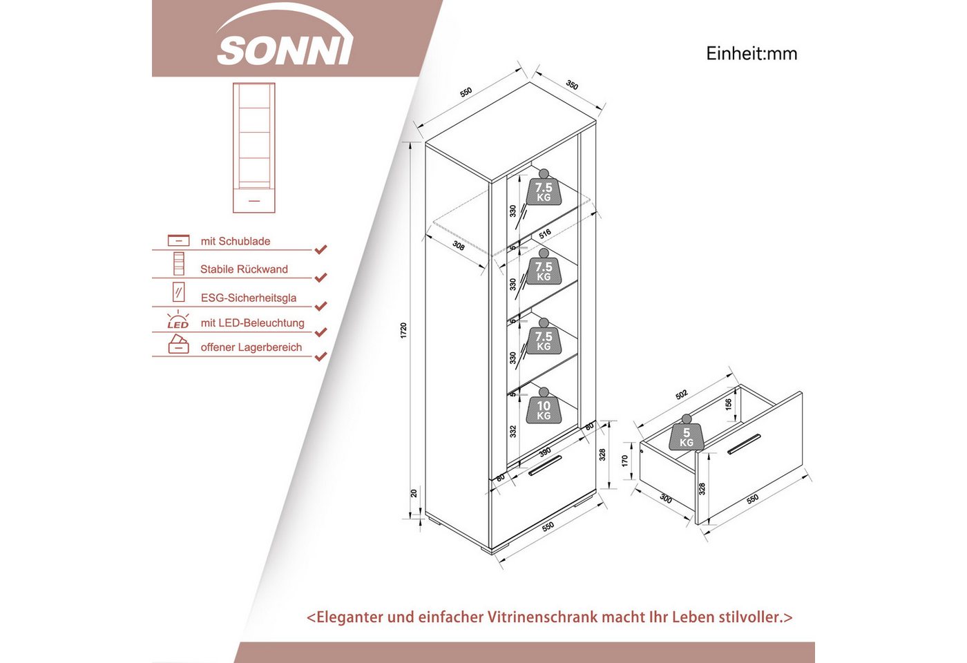SONNI Glasvitrine Glasvitrinen mit led beleuchtung,55x35x172cm,weiB hochglanz Modern – Bild 4 von 5
