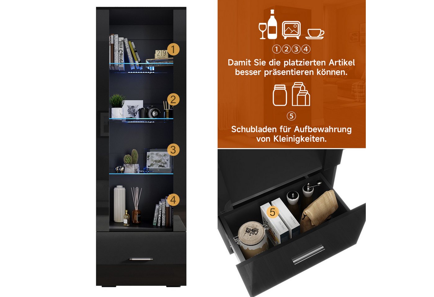 SONNI Glasvitrine Glasvitrinen mit led beleuchtung,55x35x172cm,weiB hochglanz Modern – Bild 5 von 5