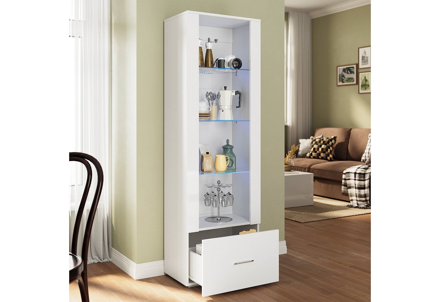 SONNI Glasvitrine Glasvitrinen mit led beleuchtung,55x35x172cm,weiB hochglanz Modern – Bild 2 von 5