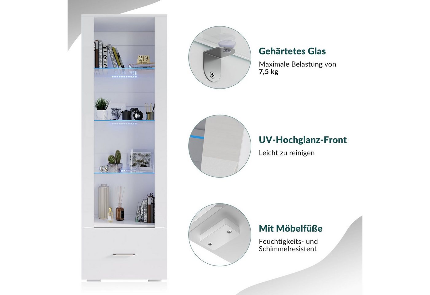 SONNI Glasvitrine Glasvitrinen mit led beleuchtung,55x35x172cm,weiB hochglanz Modern – Bild 3 von 5