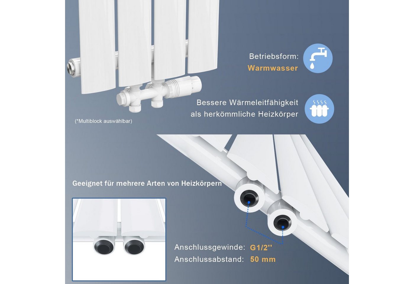 SONNI Heizkörper Heizkörper mit Multiblock Warmwasser Design – Bild 3 von 5